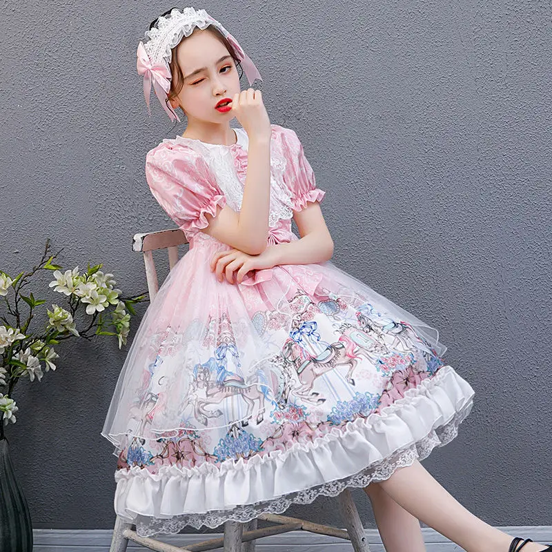 Summer Sweet Kawaii Lolita Dress Girls Vintage Victorian Gothic Elegant Short Sleeve Bow Lace Princess Tea Party Dress Big Siz