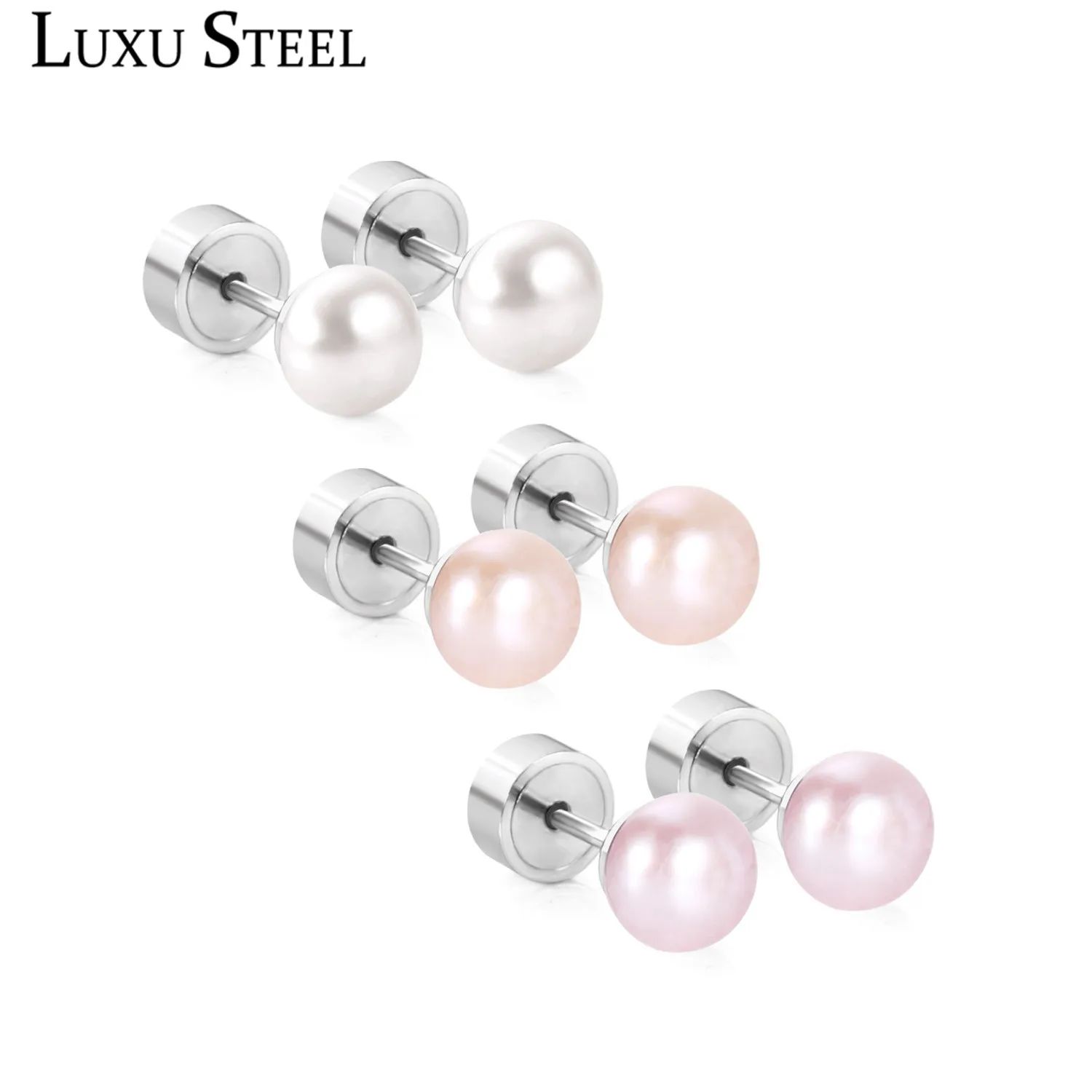 LUXUSTEEL 3pairs Sets Pink/White/Light Purple Imitation Pearl Earring Sets Stainless Steel Stud Earrings Bijoux 2020 Brinco Part