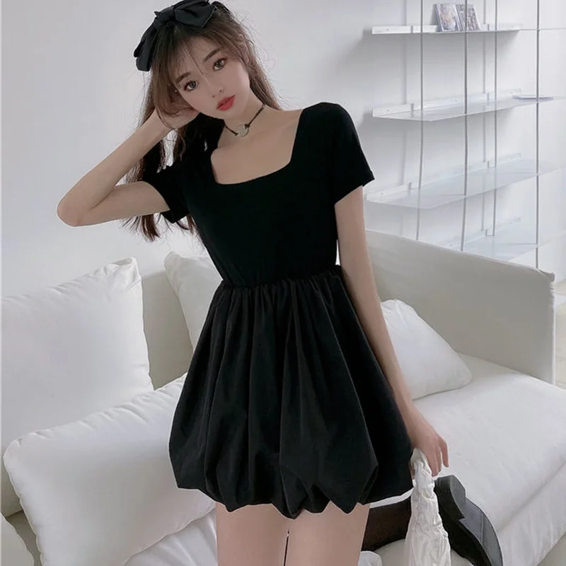 Dresses Women Student Casual Solid Lovely Girlish Female Minimalist All-match Square Collar Chic Summer Preppy Style New Arrival