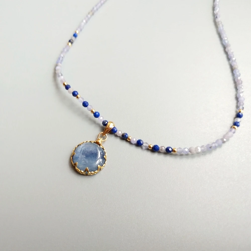 LiiJi Unique Genuine Kyanite Charms Tanzanite Lapis Lazuli Goldfilled Delicate Handmade Pendant Necklace