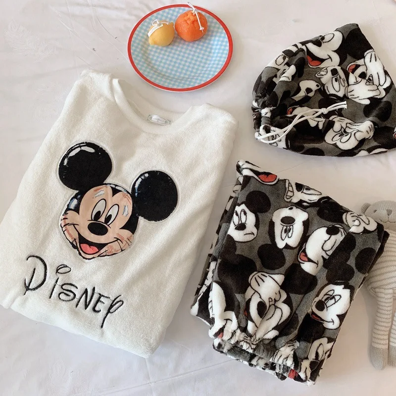 cartoon Mickey Pooh Daisy autumn and winter Disney thickened flannel pajamas round neck loose warm plus velvet home service suit