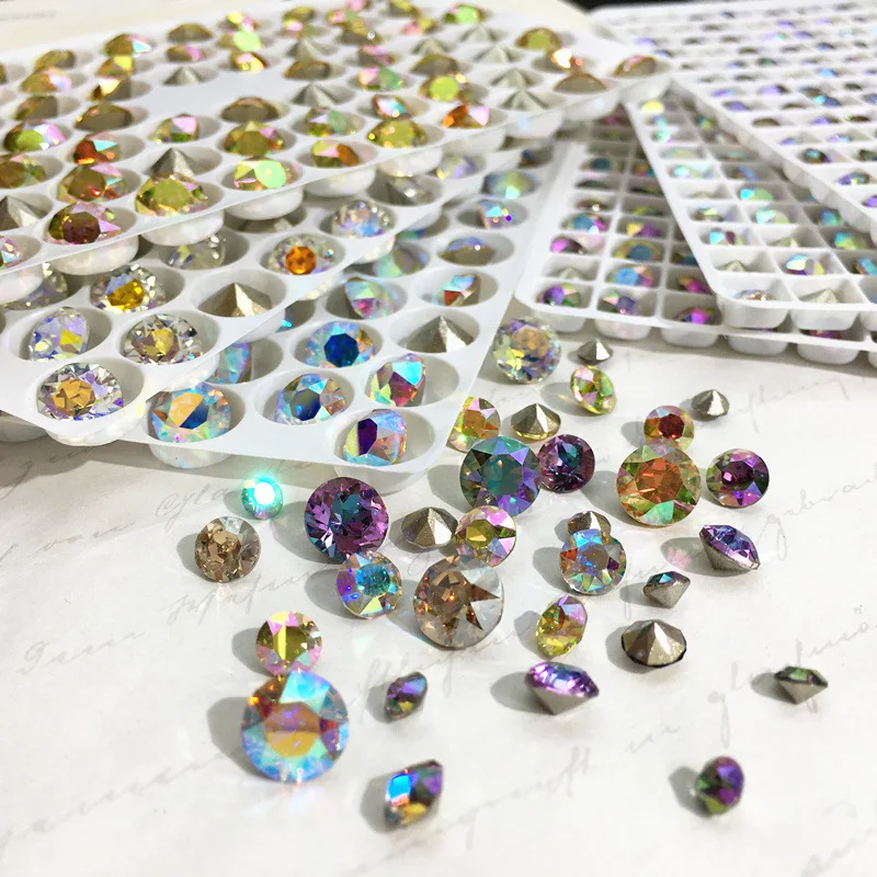 

16 Cut Rhinestones Round Pointed Back Crystal Glitter Glass Crystals Eight Big Eight Small For Nail Art DIY Jewelry Decorations
