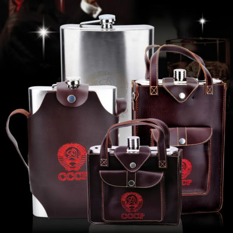 Portable Russian Style Drink Drinkware, High Capacity, Thick Stainless Steel, Hip Flask with Leather Sheath, Outdoor Drink