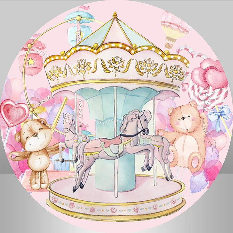 Pink Carousel Horse Baby Birthday Round Backdrop Party Decor Bear Girl Photography Background for Photo Studio Table Cover