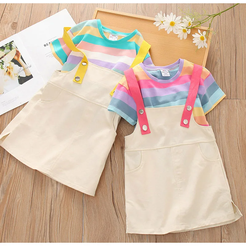 2024 Summer New 2 3 4 6 8 10 12 Years Baby Cotton Dress overalls+Short Sleeve Stripe T-shirt 2 Pcs School Kids Girl Clothing Set