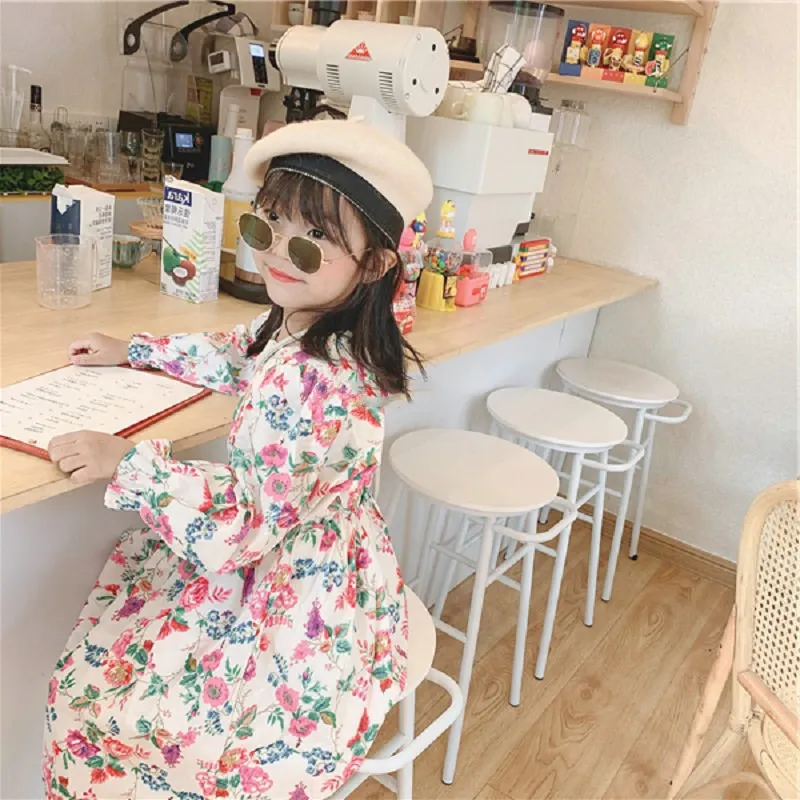 Girls' Dress New European American Autumn Flared Sleeves Floral Fashion Princess Party Dress Children Baby Kids Clothing 3-7 Y