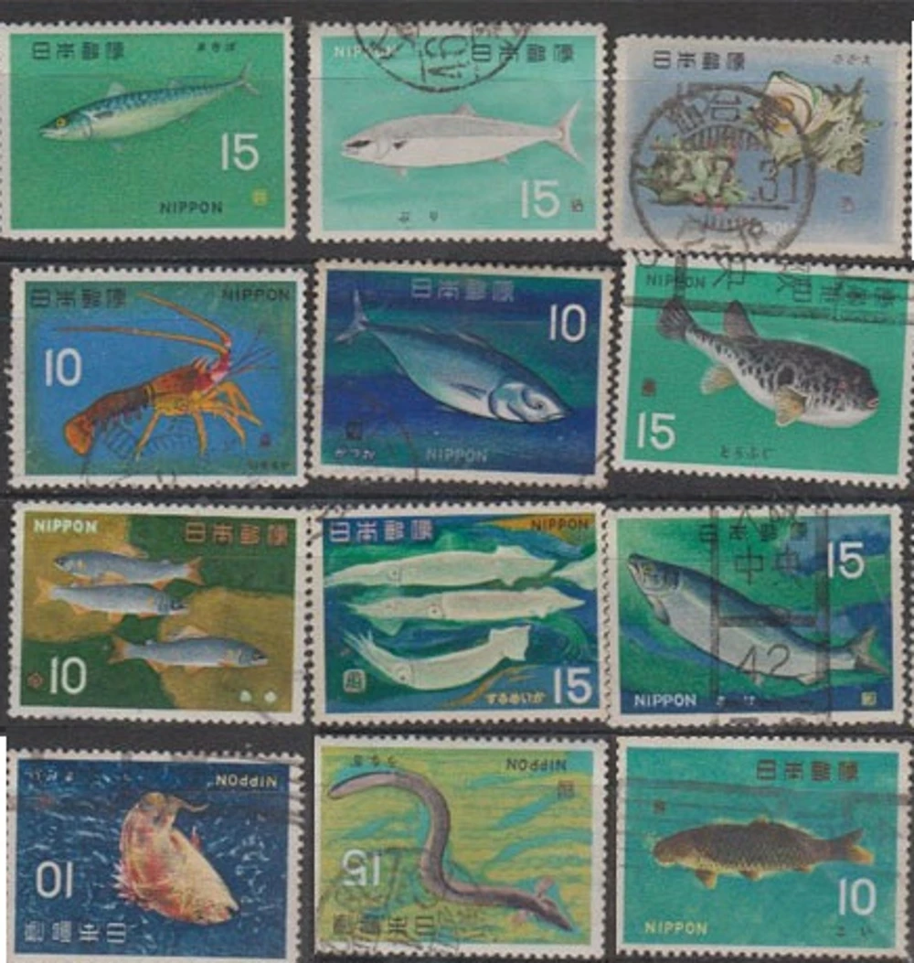 

12Pcs/Set 1966 Japan Post Stamps Fishes Sea Animals Marked Postage Stamps for Collecting C441-452