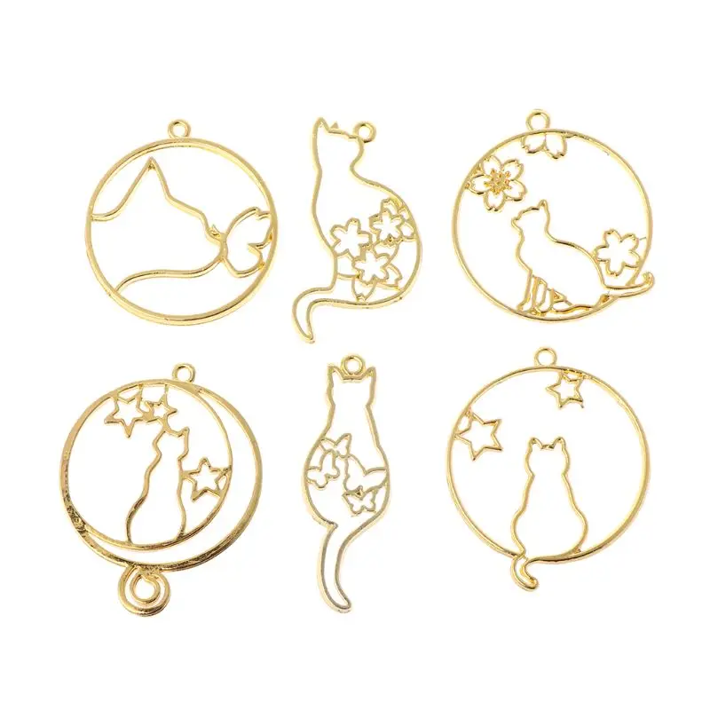 6 Pcs/Set Metal Frame DIY Jewelry Necklace Pendant Gold Kitten Hollow Frames UV Epoxy Resin Tools