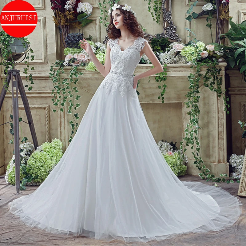 

Elegant Lace Appliques V Neck Wedding Dress 2020 A Line vestido de noiva White Tulle Bridal Gown Beaded Belt Boda robe de mariee