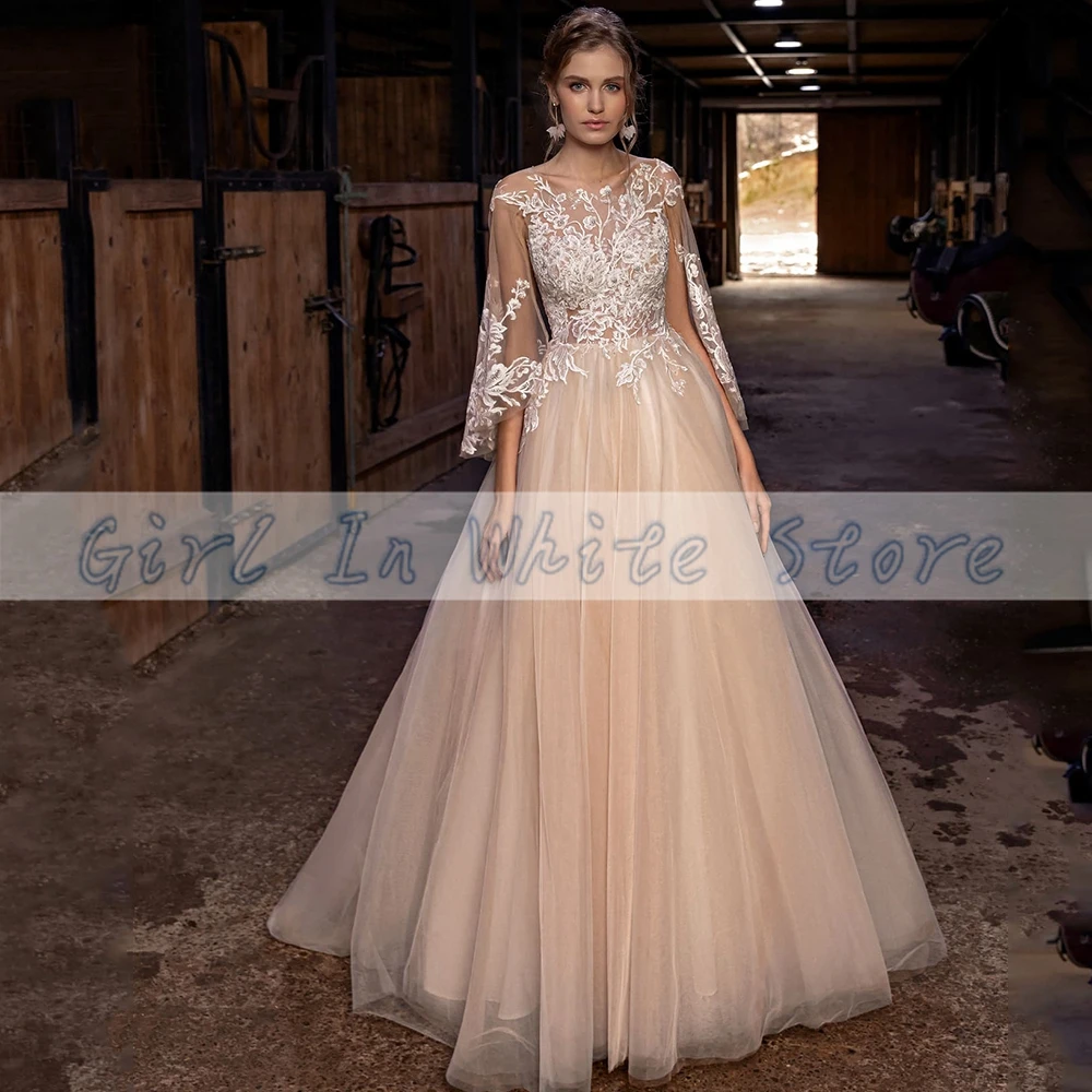 Elegante Flare Mouwen Trouwjurk O-hals A-lijn Kant Applicaties Aangepaste Bruid Jurk Bruidsjurk Gewaden Vestidos De Novia