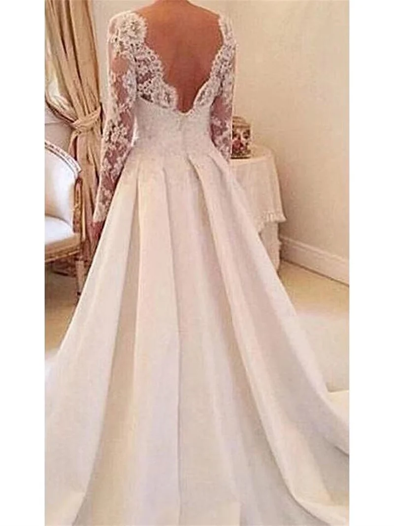 Robe de Mariée en Satin, Ligne A, Dos aux, Col Rond, Dentelle, Appliques Transparentes, Manches sulf, Grande Taille, Traîne de Balayage, Personnalisée, #9723