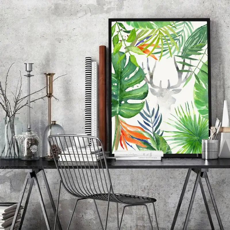 

Green Tropical Plant Leaves And Elk Silhouettes Nordic Posters Art Canvas Painting Wall Pictures For Living Room Home Decor