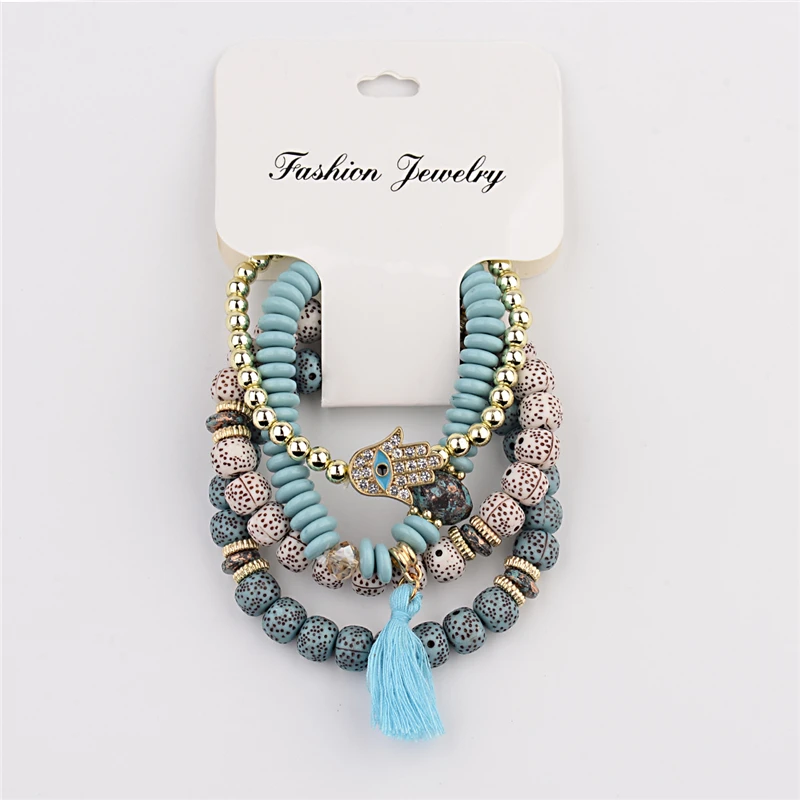 Pulseras Mujer Vintage 4 Teile/los Frauen Armbänder Set Böhmen Charme CZ Hand Natürliche Stein Perlen Quaste Pendents Armbänder браслет
