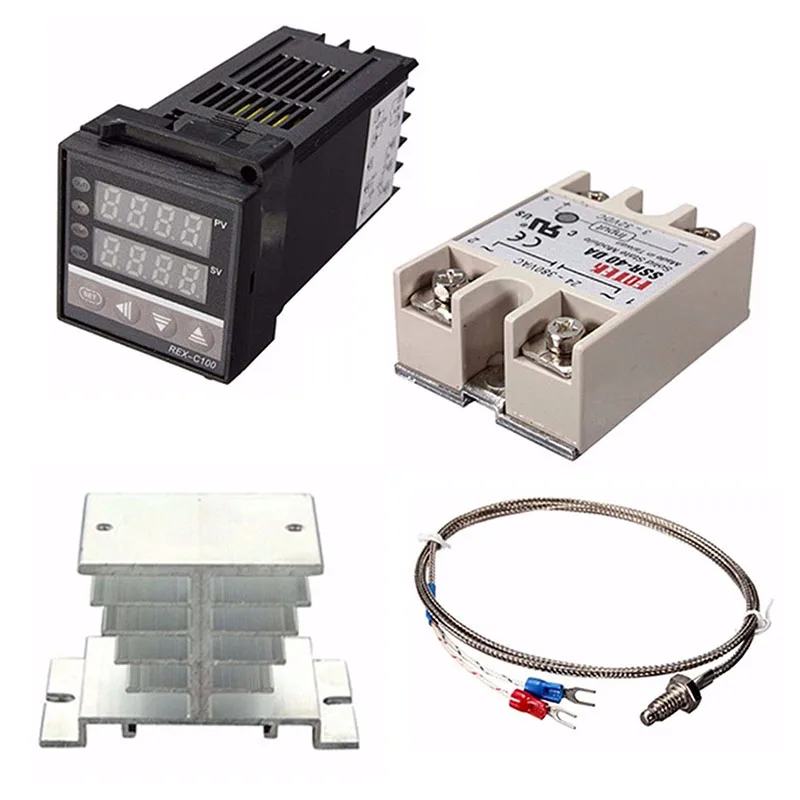 1set Digital Adjustable PID Temperature Controller Panel Thermostat REX-C100+Max.40A SSR+K Thermocouple Probe+ Heat Sink