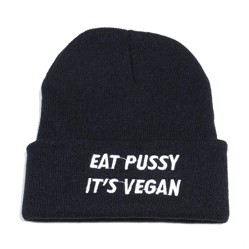 eat pussy its vegan Letters embroidery Women Beanie Casual Cotton Hipster Funny Warm Winter Knitted Hat  Unisex Cartoon ski cap