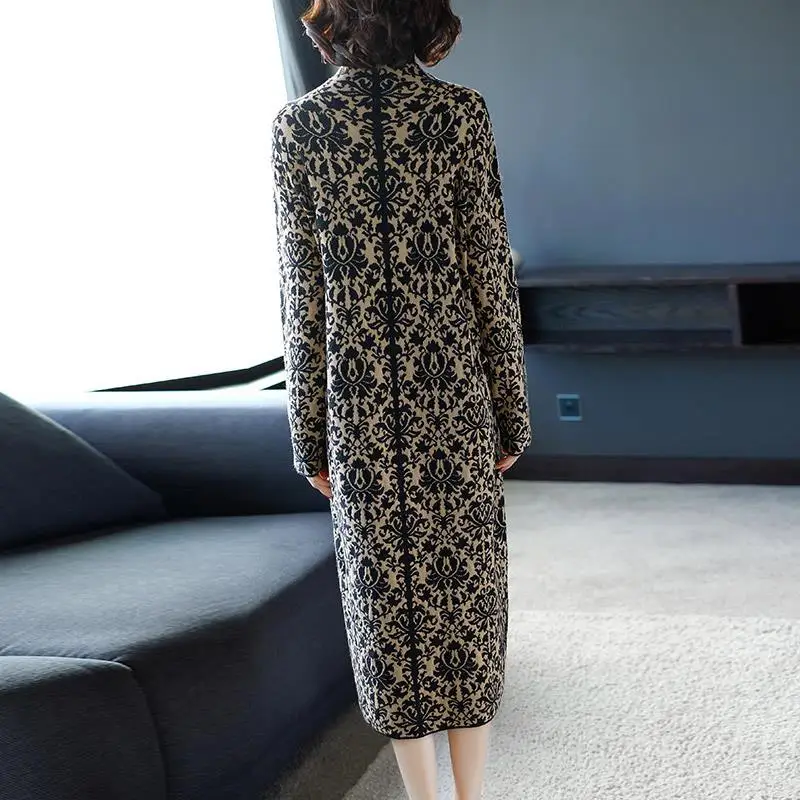 Women's Jacquard Long Sweater Dress, O-Neck, Long Sleeve, Knitting Straight Bottom, Oversize, Spring, Autumn, New, 2024