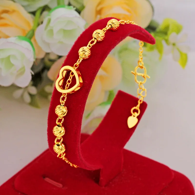 Fashion 18k Yellow Gold Bead Bracelet For Women Love Heart Shape Bracelets Hand Chain Wedding Engagement Fine Jewelry Gifts