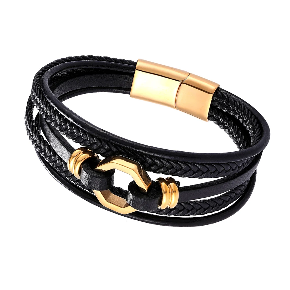 New Multi-layer Style Hand-woven Accessories Combination Stainless Steel Bracelets Men Leather Bracelet Gold Steel Color Jewelry