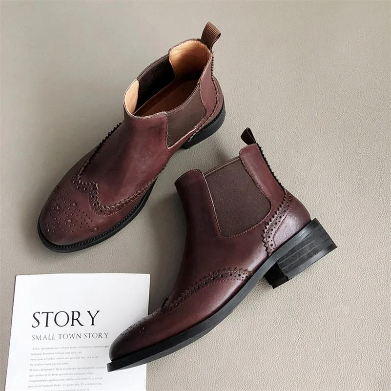 Meotina Women Natural Genuine Leather Ankle Chelsea Boots Round Toe Thick Mid Heel Short Boot Brogue Shoes Ladies Winter Autumn