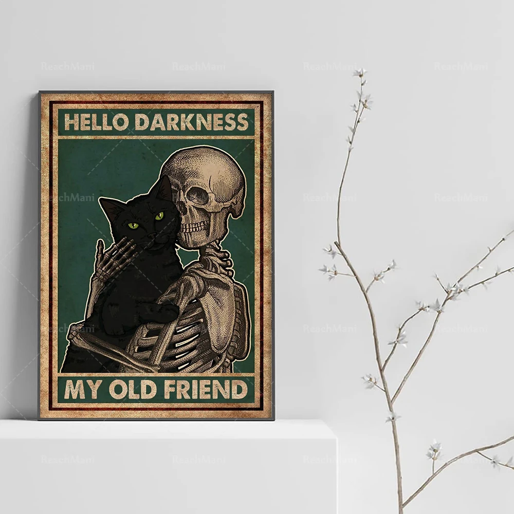 Black cat poster, hello darkness, my old friend poster, cat poster canvas wall decoration, home logo, gift for cat owner from ca