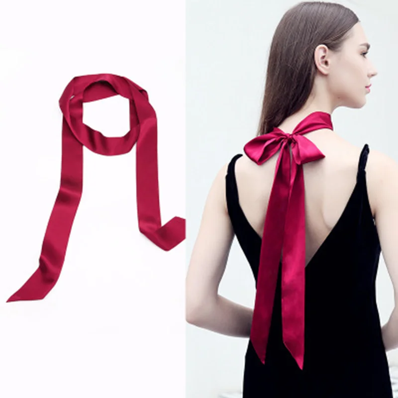 Korean solid color long silk scarf female summer satin Multifunction Headband Tied bag floating neck scarf ribbon belt M14