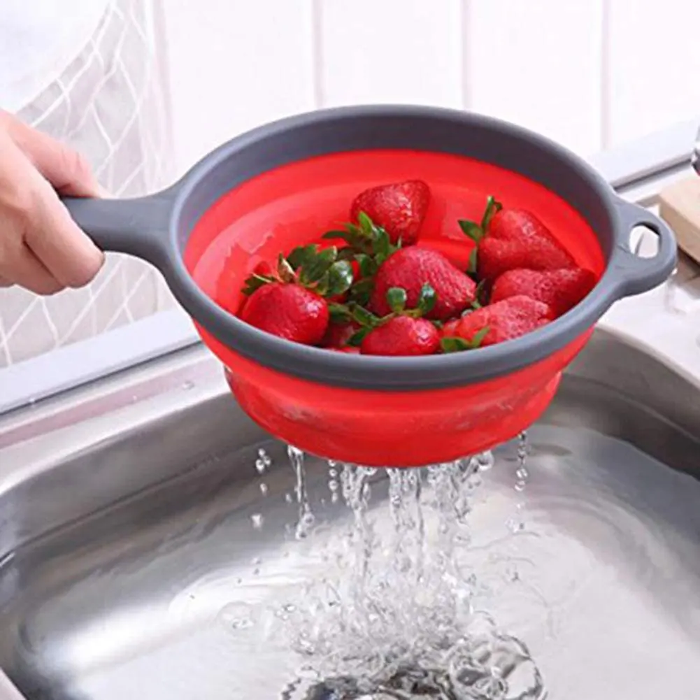 Kitchen Foldable Strainers With Handle Collapsible Vegetable Fruits Food Washing Silicone Basket Strainers Folding Filter Draini