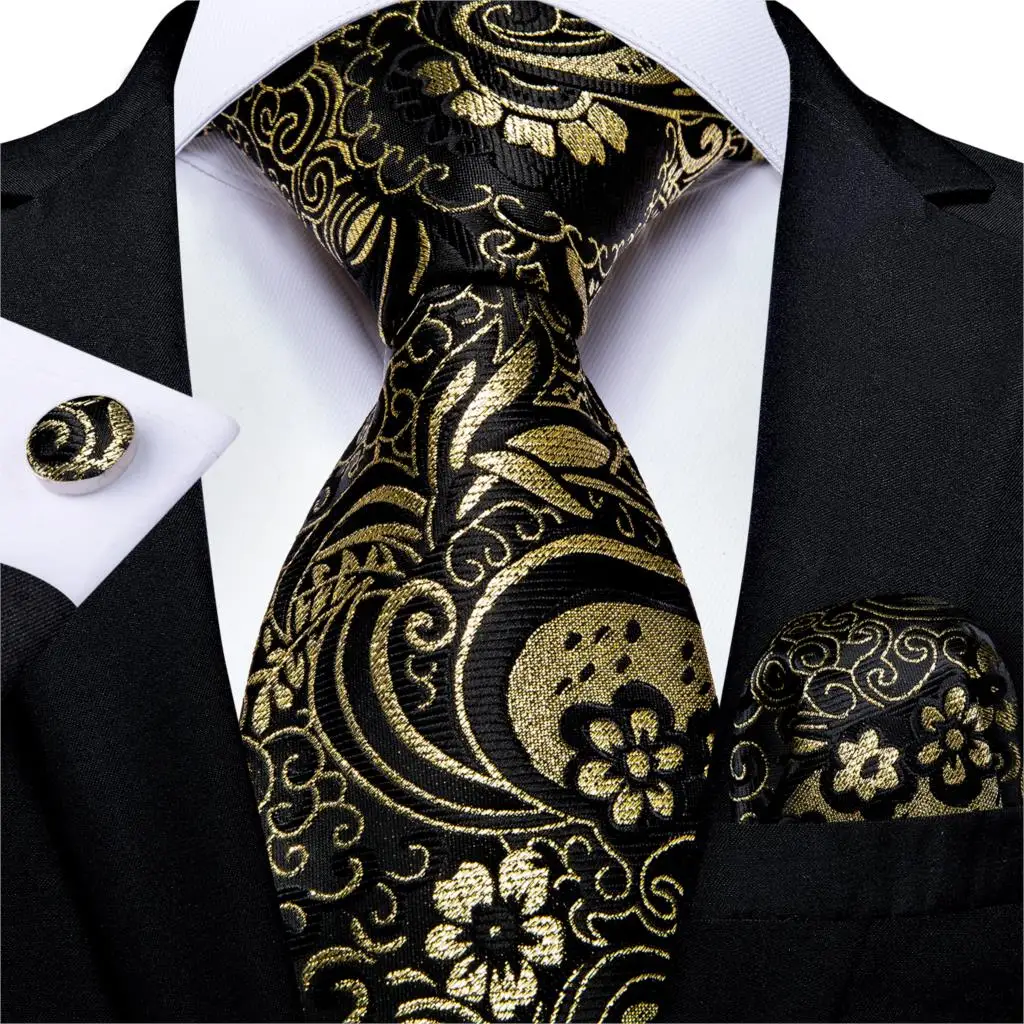 

DiBanGu Mens Necktie Black Gold Paisly Silk Wedding Tie For Men Tie Hanky Cufflink Set Business Party New Design Dropshipping