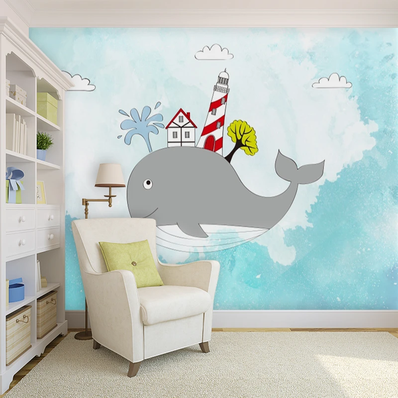 Custom Mural Wallpaper Cartoon Whale White Cloud Children's Room Background Wall Painting