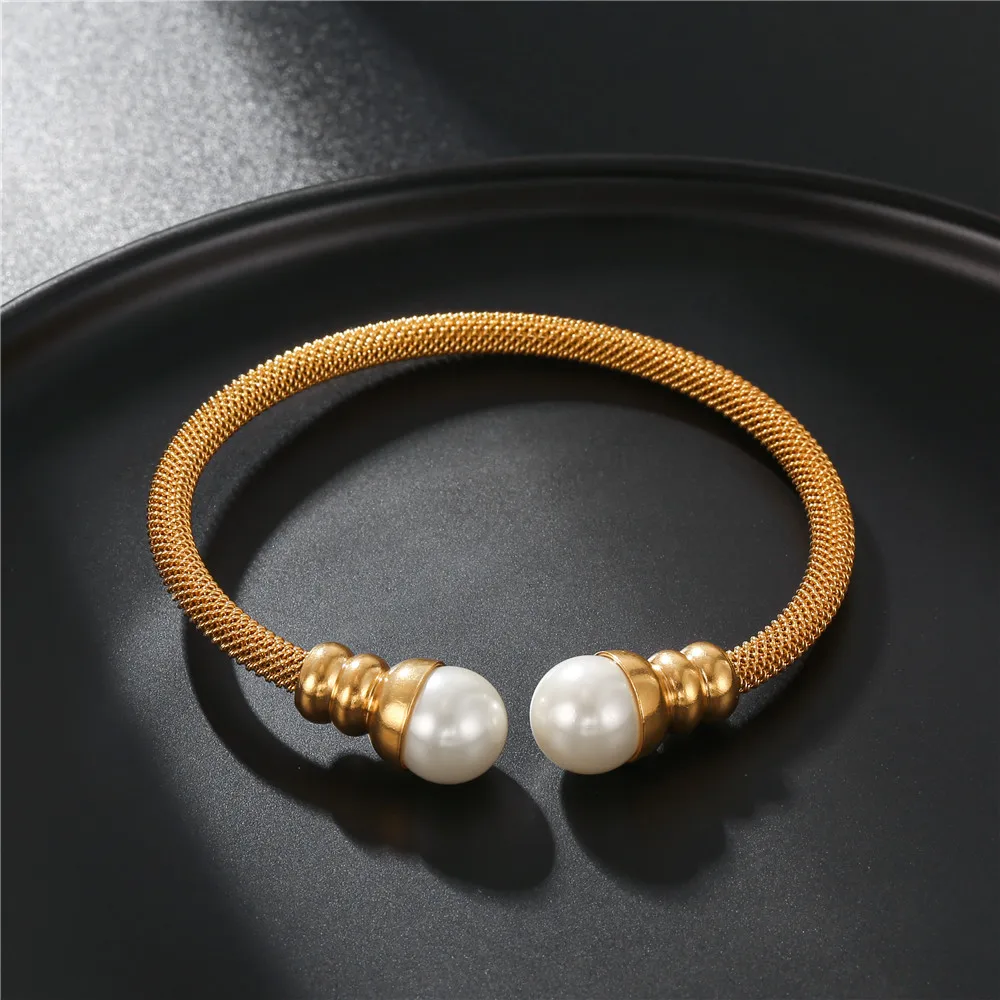 Fashion Pearl Beaded Bangle Jewelry New Trendy Women Cable Bangles Gold Color 316l Stainless Steel Bracelets Bangles For Women