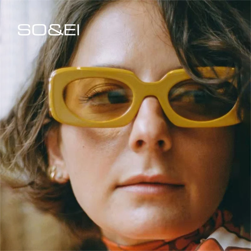 

SO&EI Retro Square Candy Color Sunglasses Women Fashion Oval Lens Shades UV400 Men Yellow Green Sun Glasses