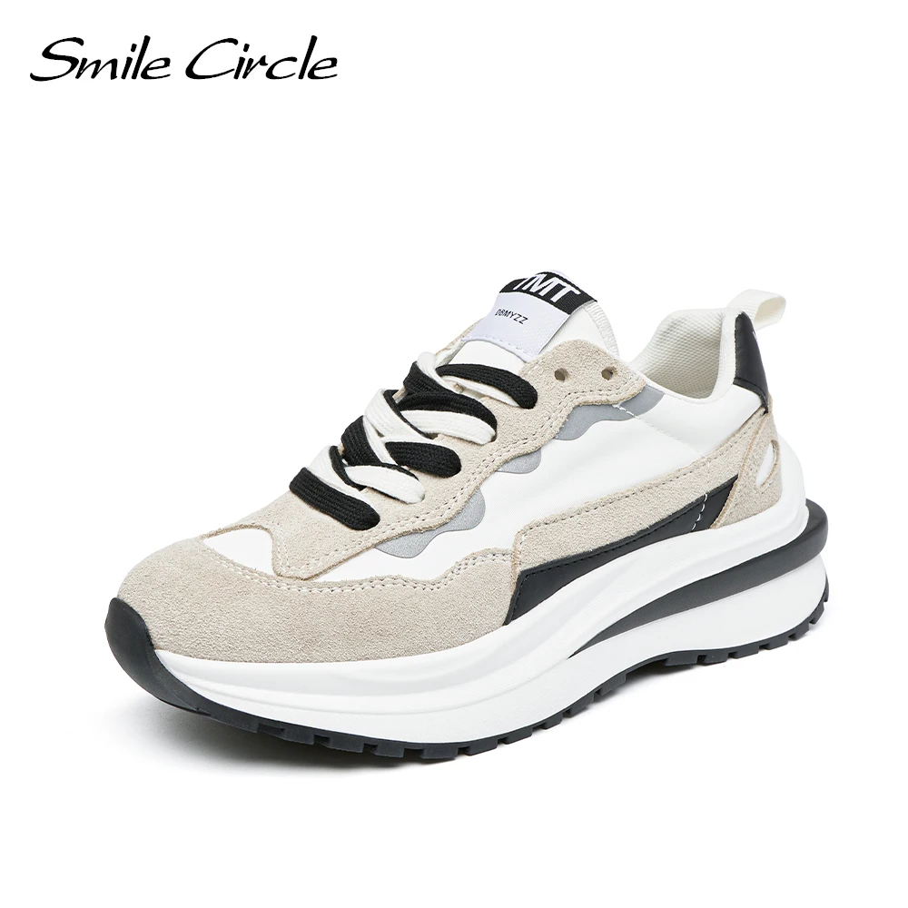 Smile Circle Sneakers Women Flat Platform Sneakers Fashion Splicing Casual Round toe Thick bottom Shoes White Chunky Trainers