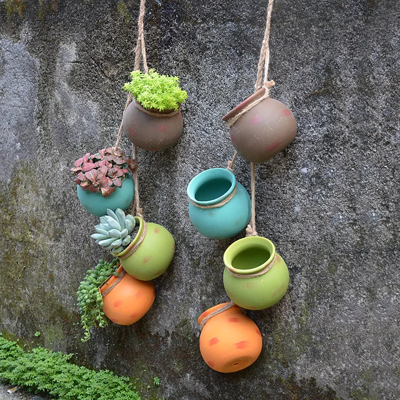 4PCS Ceramics Hanging Flowers Pots Retro Levitating Plant Planters Vase Home Balcony Wall Succulents Hang Can Garden Decoration