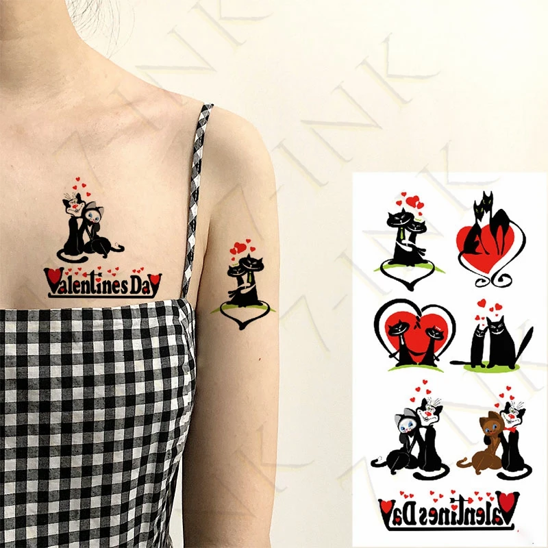 Waterproof Temporary Tattoo Stickers Cute Couple Cat Heart Valentine's Day Art Water Transfer Fake Flash Tatto for Men Women