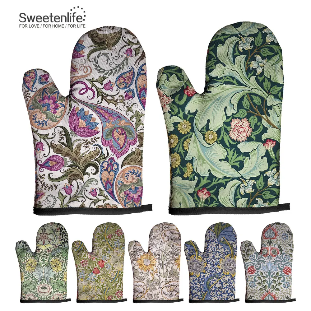 Wholesale Retro Pattern Microwave Glove Potholder Polyester Oven Mitt Insulation Gloves Kitchen Pad Baking BBQ Gloves Home Decor