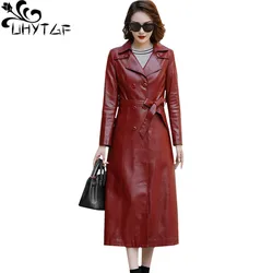 UHYTGF Female Leather Jacket Quality Sheepskin Spring Autumn Leather Jacket Double-Breasted Elegant Long Coats 5XL Big Size 413