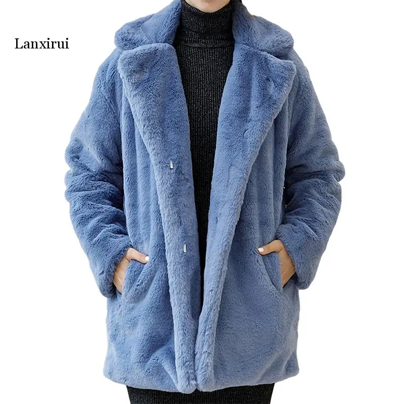 

Winter Women High Quality Faux Rabbit Fur Coat Luxury Fur Coat Loose Lapel OverCoat Thick Warm Female Plush Coats