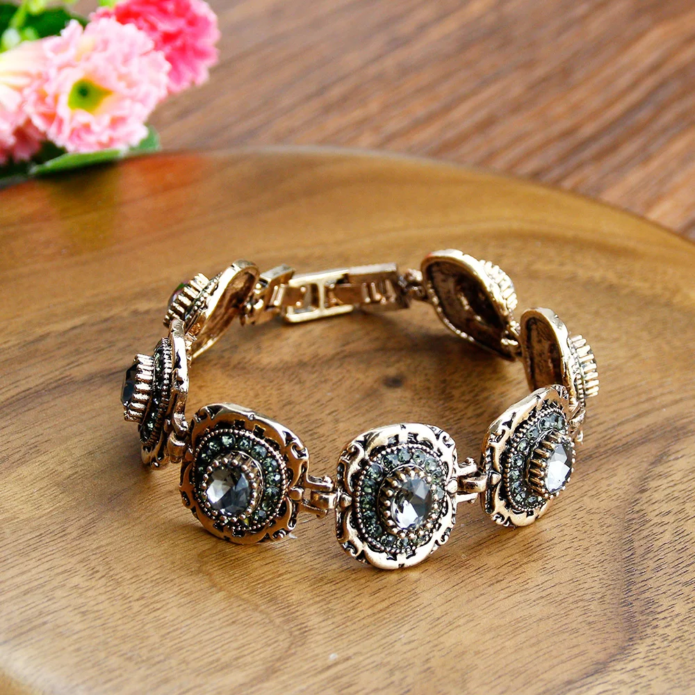 Sunspicems Retro Vintage Turkish Bracelet For Women Antique Gold Color Gray Crystal Bohemia Ethnic Wedding Jewelry Banquet Gift