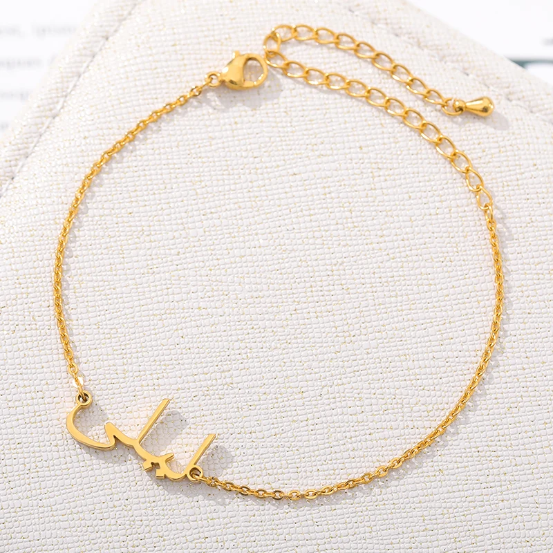Custom Arabic Name Bracelets For Women Stainless Steel Gold Color Handwriting ID Bangle & Bracelet Charms Islam Jewelry pulseras