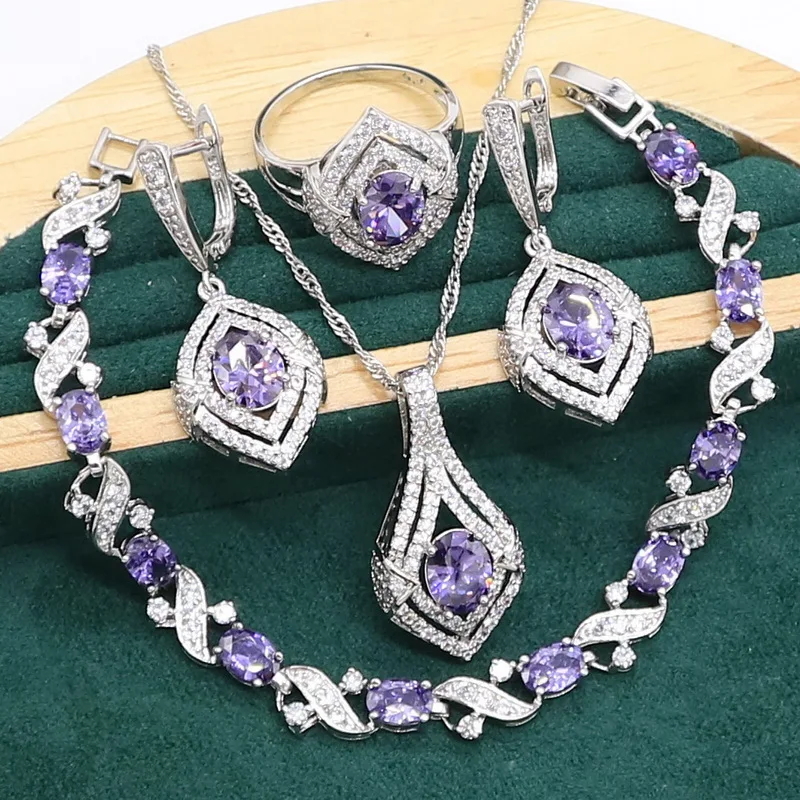 New Style Purple Amethyst 925 Sterling Silver Jewelry set for Women Bracelet Earrings Necklace pendant Ring Birthday Gift