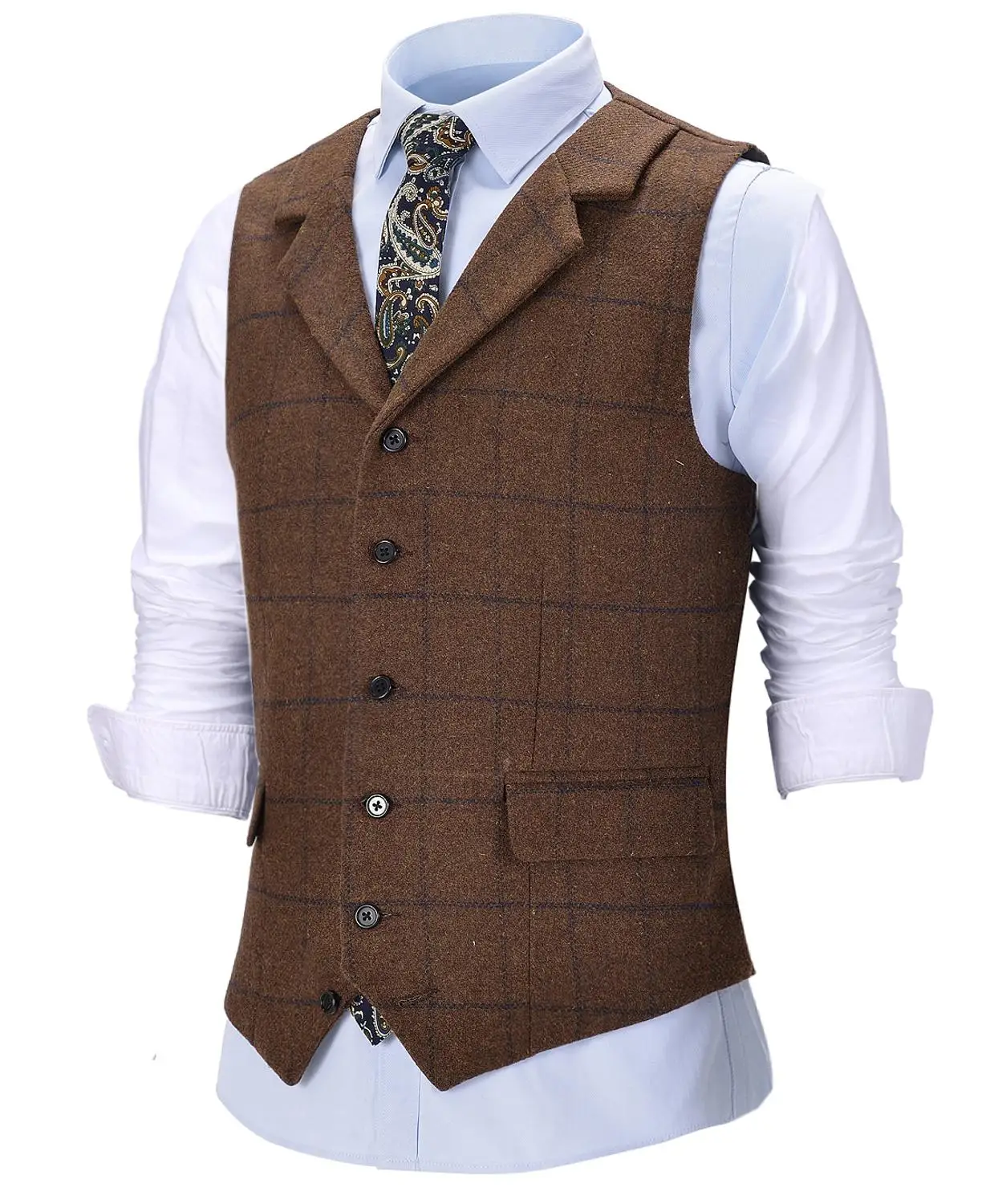 Casual Gentleman Men's Army Green Vest Plaid Soft Wool Brown Jacket Tweed Business Waistcoat For Groosmen Best Man Wedding