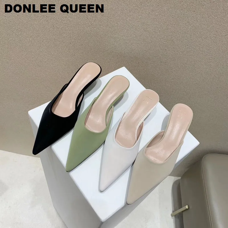 Brand Slippers Women Pointed Toe Slides Women Low Heel Mules Thin Heel Slippers Outdoor Flip Flops  Pleated Shoes Female Sandals