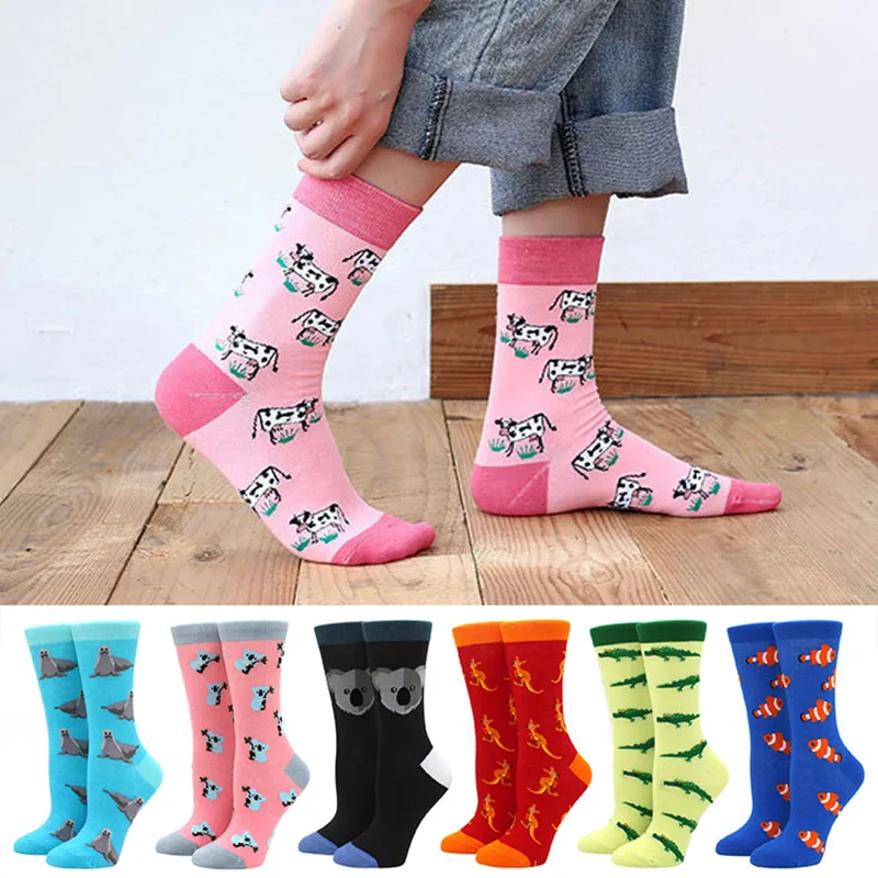 Women Happy Funny Socks Print Art Cute Spring animal Socks Penguin kangaroo koala parrot Cotton Fashion Harajuku Colorful Socks