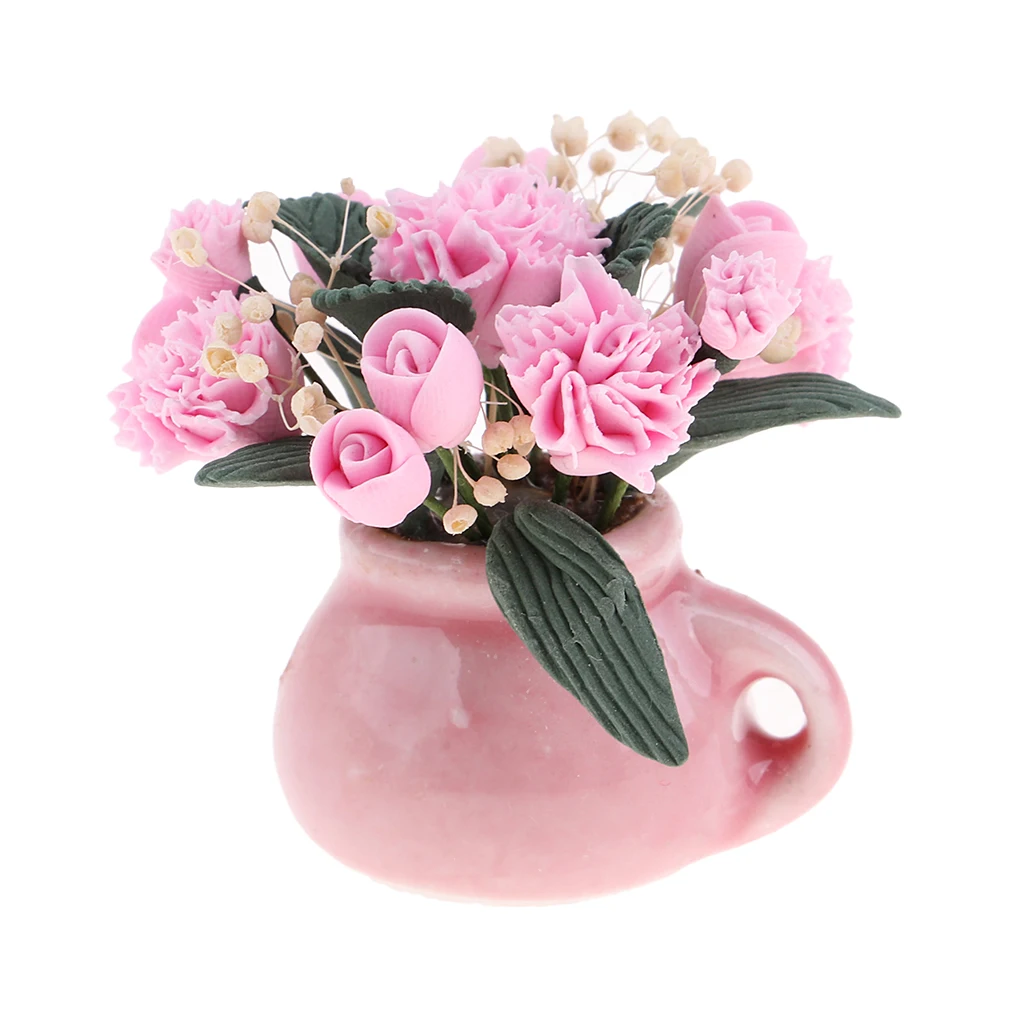 Bouquet de Fleurs Miniatures dans un Vase en Verre, Accessoire de Décoration pour Chambre de Maison de Poupées, 1/12ème