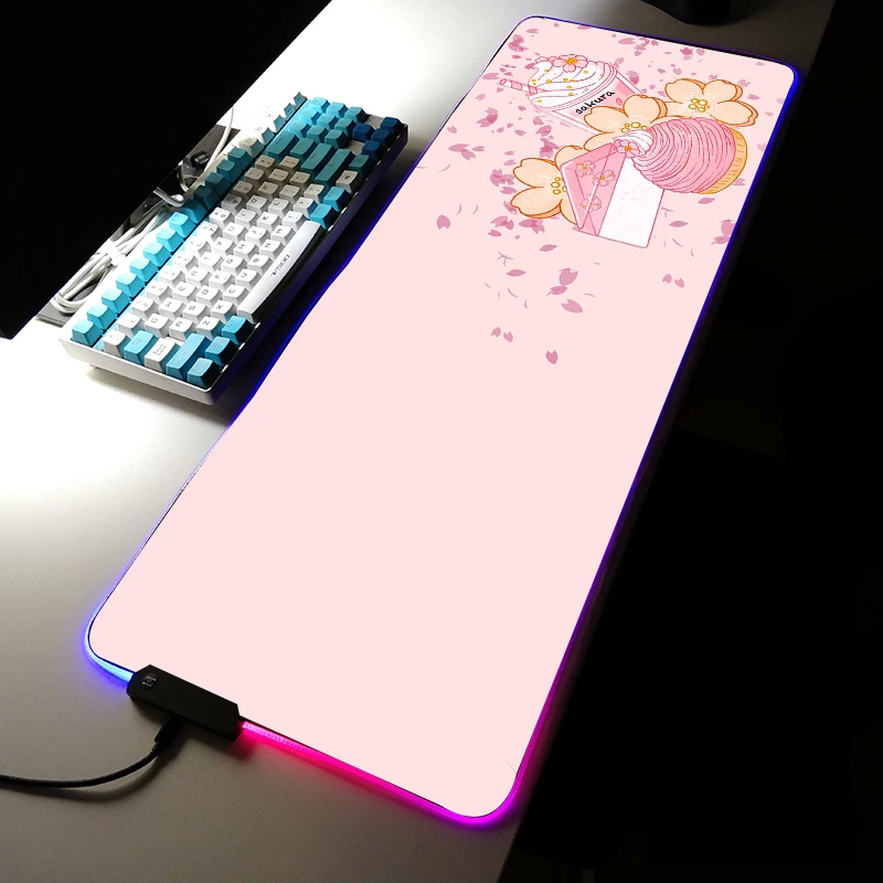 

Pink Cherry Blossom Game Slipmat RGB Led Gamer Glowing Mouse Mat Pc Republic of Gamers with Cable Rug Gaming Mousepad for Girl