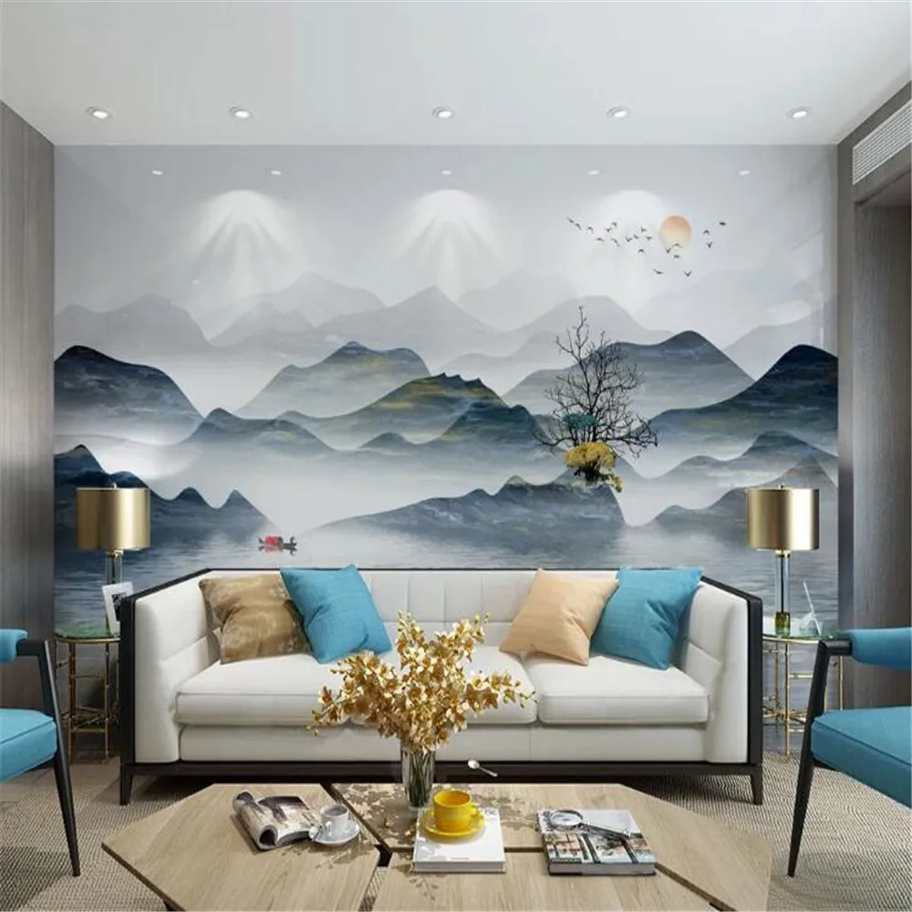 

Milofi customized 3D printing wallpaper mural new Chinese hand-painted artistic conception ink landscape TV background wall