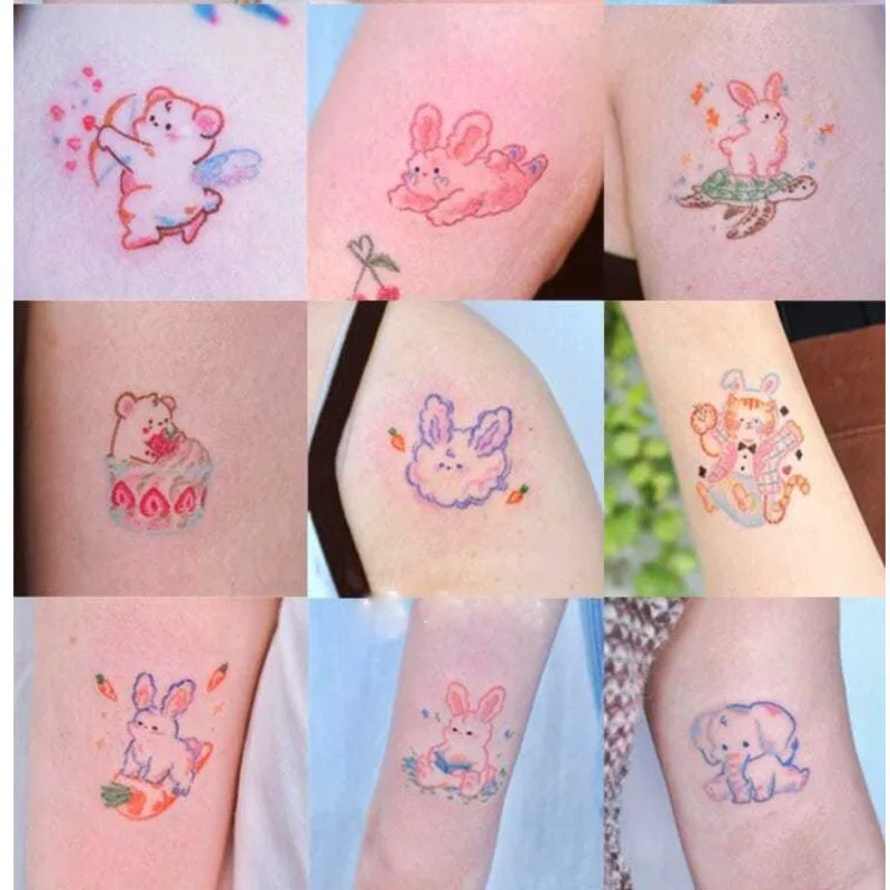 Color Bear Rabbit Cartoon Tattoo Set Temporary Sticker Waterproof Cute Girl Small Fresh Art Fake Tattoo Full Body Tattoo Sticker