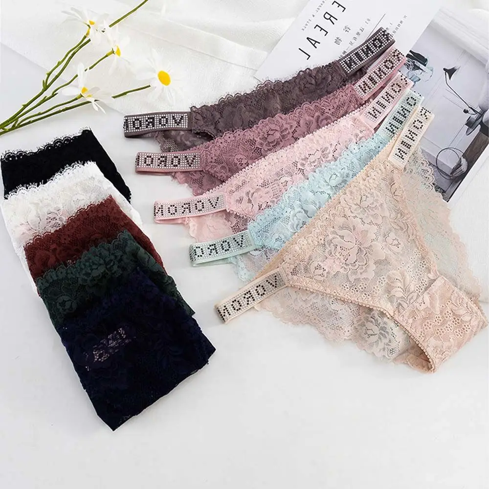 Crystal Letter Rhinestone Lace Flower Briefs Women Sexy G String Intimate Lingeries Low Rise Panties Underwear Underpants