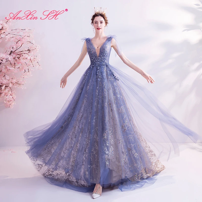 AnXin SH princess Fashionable deep blue flower lace luxury deep V-neck dinner stage performance customized evening dress 7566