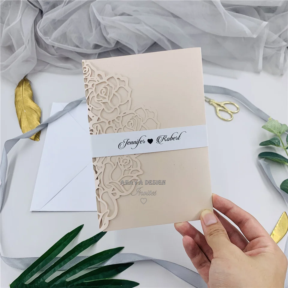 

Modern Blush Customized Laser Cut Wedding Invitation With White Belly Band, RSVP card And Envelope