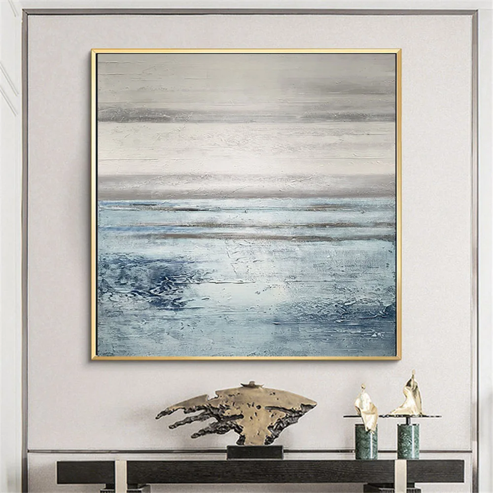 

Hand-Painted Oil Painting Abstract Earth And Sky Light Blue Off-White Tone Canvas Pictures Home Decoration Living Room Porch Art